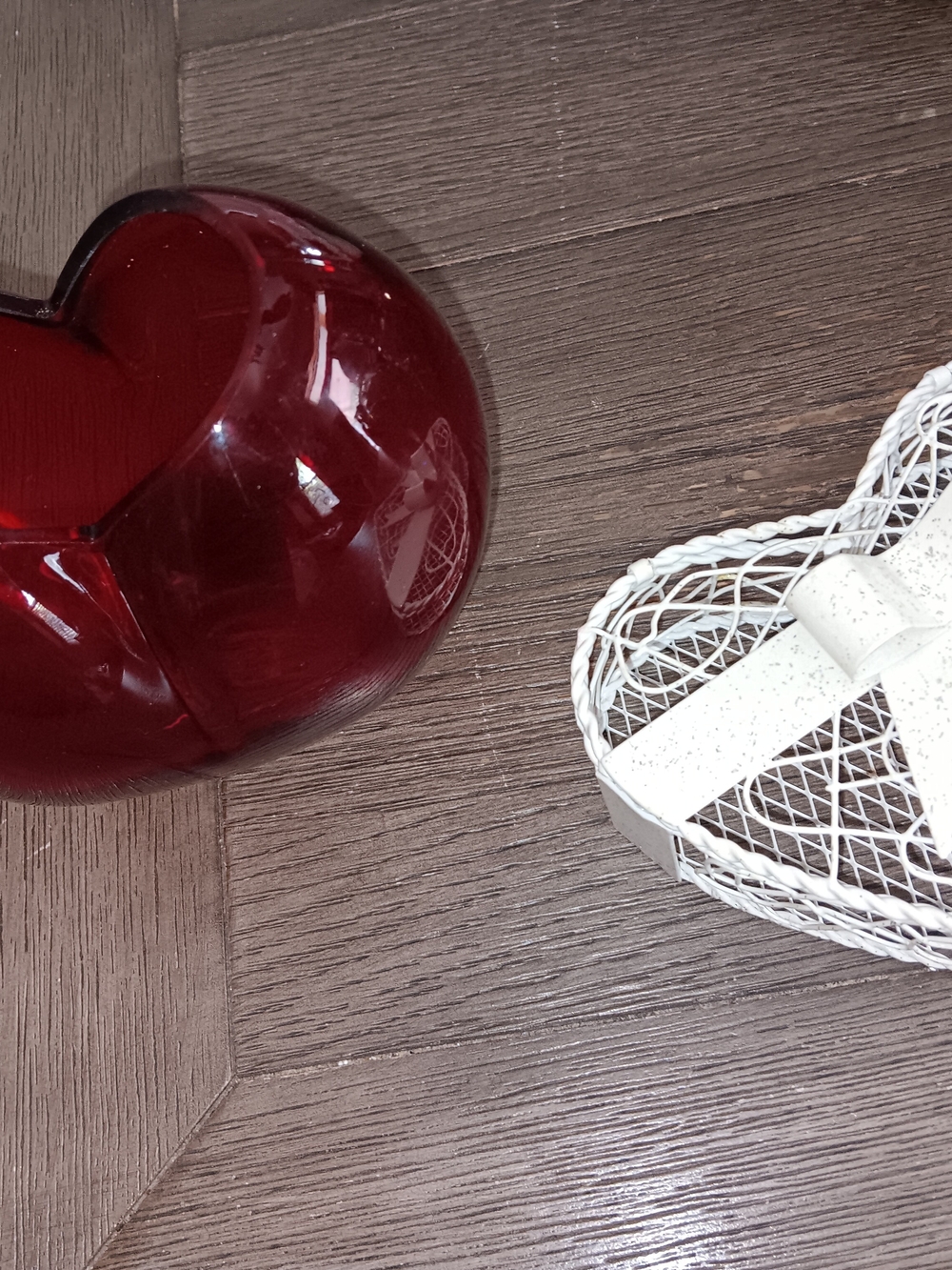 Red Glass Heart Vase and White Metal Heart Basket